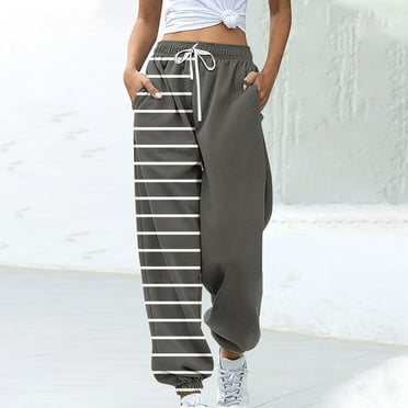 CLOISE Sweatpants Women Baggy Joggers Comfy Pull on High Waisted Elastic Bottom Pants Gray Active Elastic Waist Drawstring Striped Sweatpants with Pockets Fashion 2024 Basic Long Pants S