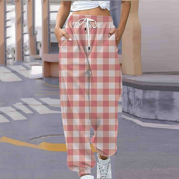 CLOISE Sweatpants Women Baggy Joggers Loose Pull on High Waisted Elastic Bottom Pants Pink Active Elastic Waist Drawstring Plaid Sweatpants with Pockets Fashion Fall Long Trousers L