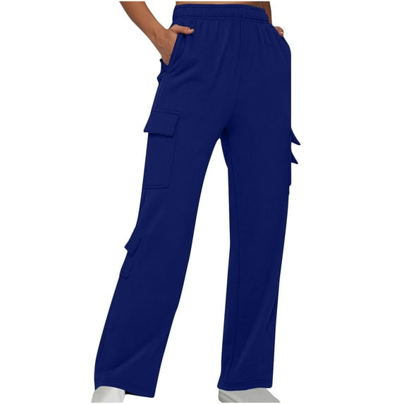 CLOISE Sweatpants for Women Cargo Baggy Straight Leg Cargo Pants Cozy Petite Tall Open Bottom Pants Blue Running Elastic Waist Solid Sweatpants with Pockets Trendy Winter Long Pants L