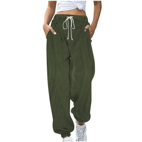 CLOISE Sweatpants Women Joggers Baggy Corduroy Jogger Pants Comfy Petite Tall Elastic Bottom Pants Army Green Running Elastic Waist Drawstring Solid Sweatpants with Pockets Everyday Trousers