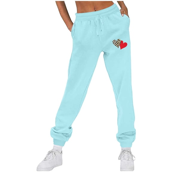 CLOISE Sweatpants Women Joggers Baggy Fleece Jogger Pants Comfort Pull on Low Rise Elastic Bottom Trousers Sky Blue Oversized Elastic Waist Drawstring Heart Sweatpants with Pockets Winter Pants