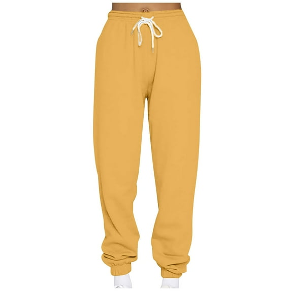 CLOISE Sweatpants Women Joggers Baggy Fleece Jogger Pants Comfy Pull on Tall Elastic Bottom Pants Yellow Gym Elastic Waist Drawstring Solid Sweatpants Fashion 2024 Everyday Long Trousers M