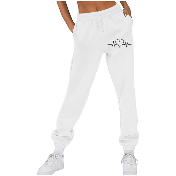 CLOISE Sweatpants Women Joggers Baggy Fleece Lined Jogger Pants Lounge Petite Low Rise Elastic Bottom Pants White Y2k Elastic Waist Drawstring Heart Sweatpants with Pockets Winter Sweatpants