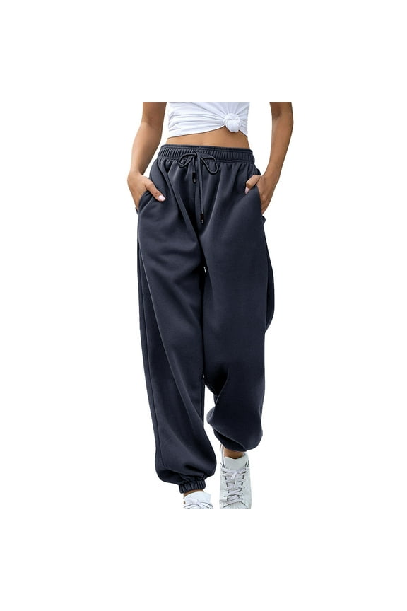 Sweatpants Women Joggers Baggy Jogger Pants Comfort Pull on Tall Elastic Bottom Trousers Navy Athletic Elastic Waist Drawstring Solid Sweatpants with Pockets Trendy Basic Long Trousers