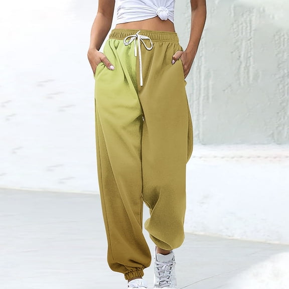 CLOISE Sweatpants for Women Joggers Baggy Jogger Pants Cozy Pull on High Waisted Elastic Bottom Pants Yellow Active Elastic Waist Drawstring Colorblock Sweatpants with Pockets Fall Trousers