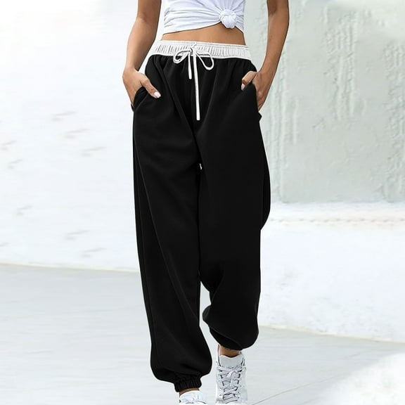 CLOISE Sweatpants Women Joggers Baggy Jogger Pants Soft Petite High Waisted Elastic Bottom Trousers Black Workout Elastic Waist Drawstring Colorblock Sweatpants with Pockets Everyday Pants