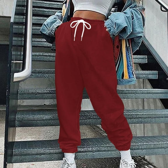 CLOISE Sweatpants Women Joggers Baggy Jogger Pants Soft Petite High Waisted Elastic Bottom Trousers Wine Sports Elastic Waist Drawstring Solid Sweatpants with Pockets Fashion Everyday Trousers
