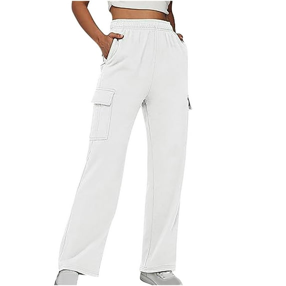 CLOISE Sweatpants Women Wide Leg Baggy Straight Leg Cargo Sweatpants Comfort Pull on Tall Open Bottom Pants White Active Elastic Waist Solid Sweatpants with Pockets Fashion Everyday Sweatpants