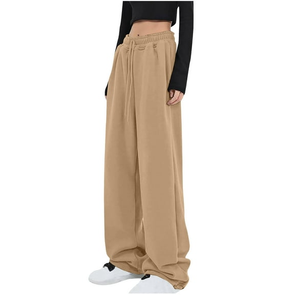 CLOISE Sweatpants for Women Wide Leg Baggy Straight Leg Pants Casual Petite Mid Rise Open Bottom Trousers Khaki Sports Elastic Waist Drawstring Solid Sweatpants Fashion Fall Long Pants 2XL