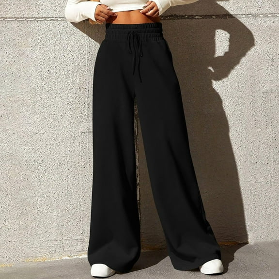 CLOISE Sweatpants Women Wide Leg Baggy Straight Leg Pants Loose Petite Tall Open Bottom Pants Black Y2k Elastic Waist Drawstring Solid Sweatpants Trendy Fall Long Sweatpants M