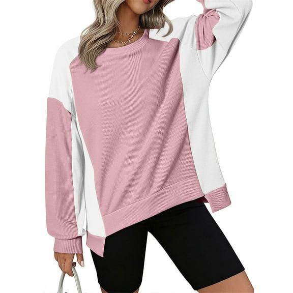 CLOISE Sweatshirt Women Color Block Pullover Sweatshirts Round Neck Long Sleeve Hoodies Shirts Pink Drop Shoulder Waffle Tops Fall Cute Preppy Clothes L