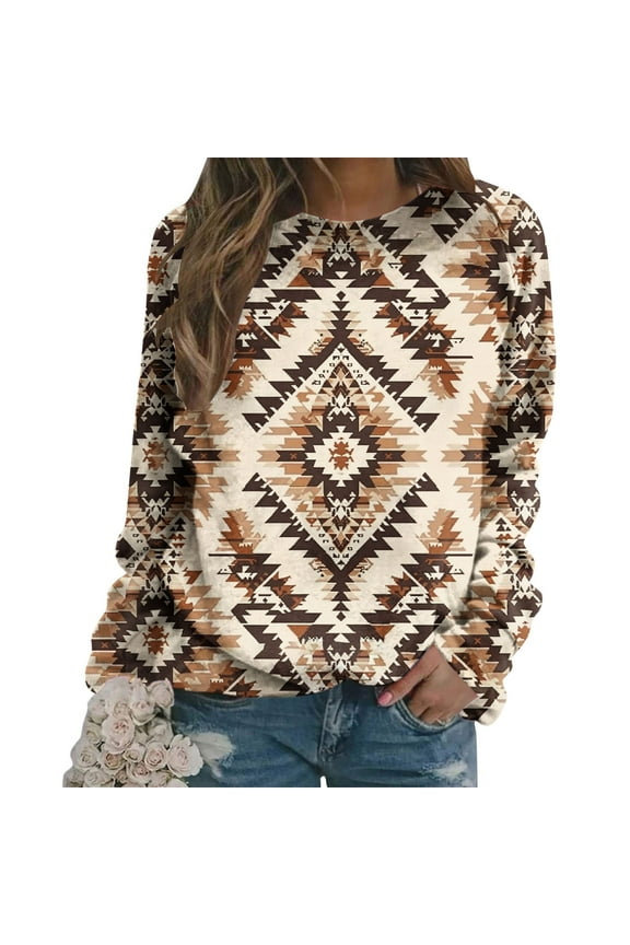 Sweatshirt for Women Ethnic Aztec Print Oversized Sweatshirts Crew Neck Long Sleeve Hoodies Shirts Beige Raglan Basic Tees Fall Tunic Y2k Outfits M