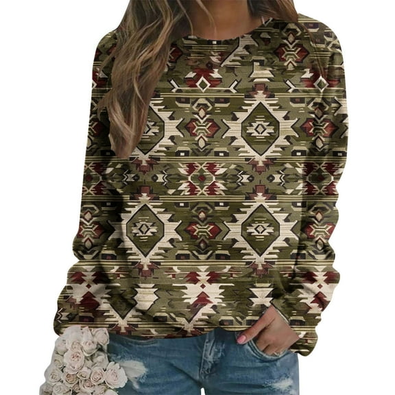 CLOISE Sweatshirt Women Ethnic Aztec Print Pullover Sweatshirts Crewneck Long Sleeve Hoodies Shirts Green Raglan Basic Tops Fall Trendy Preppy Outfits S