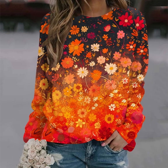 CLOISE Sweatshirt Women Flower Print Oversized Sweatshirts Crew Neck Long Sleeve Hoodies Shirts Orange Raglan Basic Tops Fall Tunic Y2k Outfits M