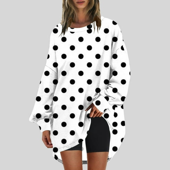 CLOISE Sweatshirt for Women Polka Dots Oversized Sweatshirts Round Neck Long Sleeve Hoodies Shirts White Drop Shoulder Tees Fall Loose Y2k Clothes XL