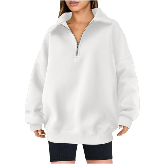 CLOISE Sweatshirt for Women Solid Color Oversized Sweatshirts Lapel V Neck Long Sleeve Hoodies Shirts White Drop Shoulder 1/4 Zip Pullover Tees Fall Comfy Preppy Outfits L