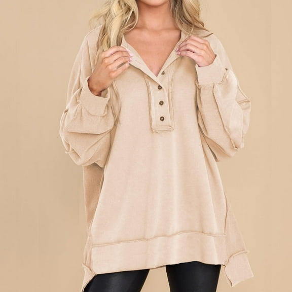 CLOISE Sweatshirt for Women Solid Pullover Sweatshirts Button Henley V Neck Long Sleeve Hoodies Shirts Beige Drop Shoulder High Low Hem Stitching Tees Fall Comfy Preppy Outfits XL