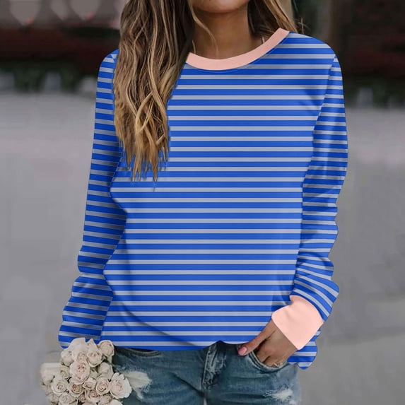 CLOISE Sweatshirt Women Striped Color Block Oversized Sweatshirts Crew Neck Long Sleeve Hoodies Shirts Blue Basic Tops Fall Tunic Y2k Outfits XL