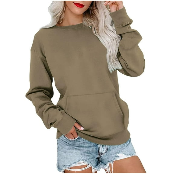 CLOISE Sweatshirt Womens Solid Color Pullover Sweatshirts Crew Neck Long Sleeve Hoodies Shirts Brown Drop Shoulder Basic Tees With Pockets Fall Casual Preppy Clothes M