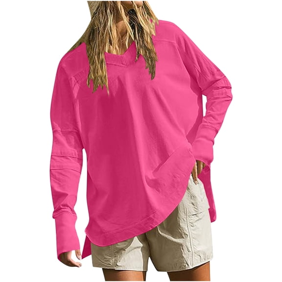 CLOISE Sweatshirt for Women Solid Pullover Sweatshirts V Neck Long Sleeve Hoodies Shirts Pink With Thumb Holes Tees Fall Casual Preppy Clothes S