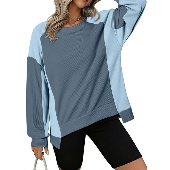 CLOISE Sweatshirts for Women Color Block Pullover Sweatshirts Round Neck Long Sleeve Hoodies Shirts Blue Drop Shoulder Waffle Tops Fall Casual Preppy Clothes M