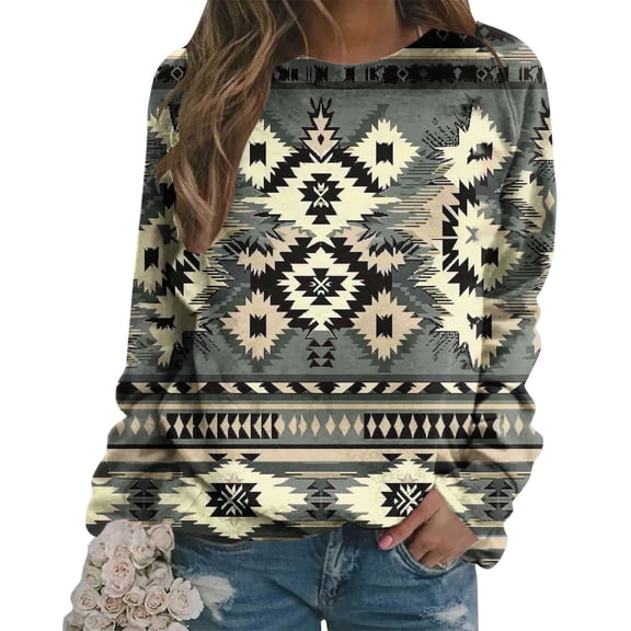 CLOISE Sweatshirts for Women Ethnic Aztec Print Oversized Sweatshirts Crewneck Long Sleeve Hoodies Shirts Gray Raglan Basic Tops Fall Loose Y2k Clothes XL