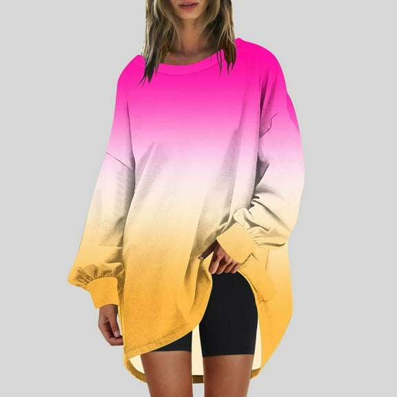 CLOISE Sweatshirts for Women Gradient Oversized Sweatshirts Crew Neck Long Sleeve Hoodies Shirts Pink Drop Shoulder Tops Fall Loose Y2k Clothes M