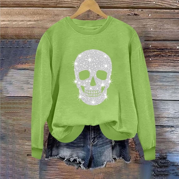CLOISE Sweatshirts for Women Graphic Halloween Fleece Lining Crew Neck Trendy Pullover Skull Long Sleeve Tops Fall Winter Slim Clothing for Daily Wear Mint Green L