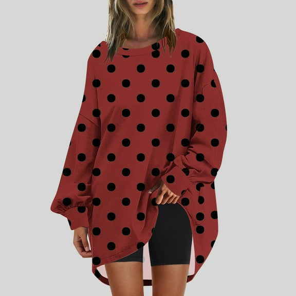 CLOISE Sweatshirts for Women Polka Dots Oversized Sweatshirts Crew Neck Long Sleeve Hoodies Shirts Red Drop Shoulder Tops Fall Soft Y2k Outfits XL