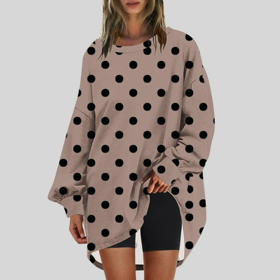 CLOISE Sweatshirts for Women Polka Dots Pullover Sweatshirts Crew Neck Long Sleeve Hoodies Shirts Brown Drop Shoulder Tops Fall Cute Preppy Clothes L