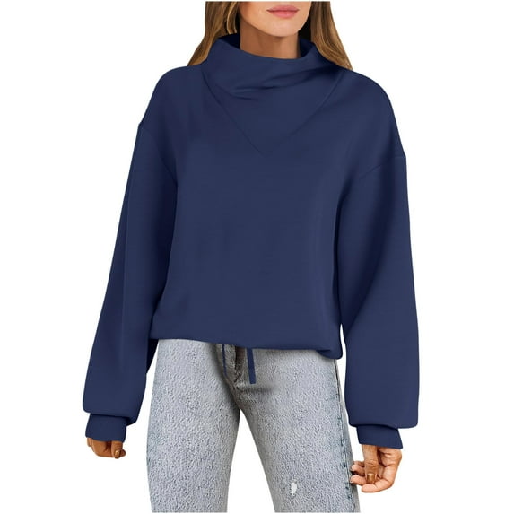 CLOISE Sweatshirts for Women Solid Color Oversized Sweatshirts Cowl Neck Long Sleeve Hoodies Shirts Blue Drop Shoulder Tops Fall Trendy Preppy Outfits M