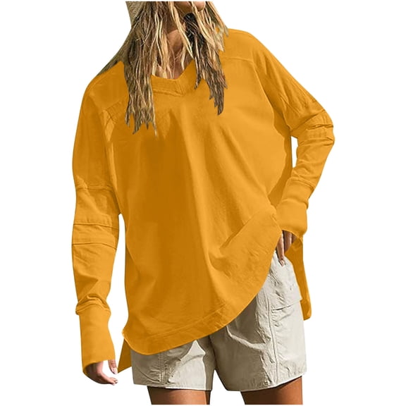 CLOISE Sweatshirts for Women Solid Pullover Sweatshirts V Neck Long Sleeve Hoodies Shirts Yellow With Thumb Holes Tops Fall Casual Preppy Clothes 2XL