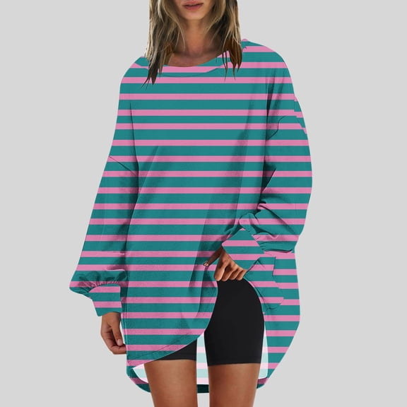 CLOISE Sweatshirts for Women Striped Pullover Sweatshirts Crew Neck Long Sleeve Hoodies Shirts Blue Drop Shoulder Tops Fall Cute Preppy Clothes XL