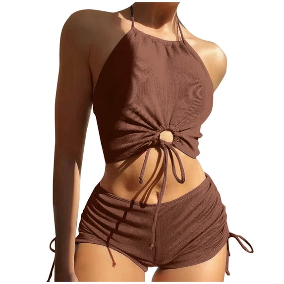 CLOISE Swimsuit Bikinis for Women 2 Piece Swimwear with Shorts Full Coverage Halter Neck Bow with Adjustable Straps Solid Bathing Suit Backless Beachwear
