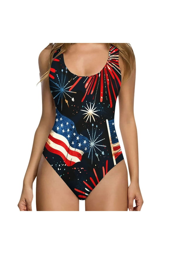 Swimsuit One Piece Plus Size Fourth of July Full Coverage Bathing Suit Red White Blue Print Swimwear Backless USA Themed Beachwear