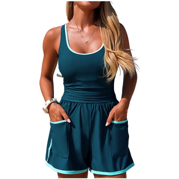CLOISE Swimsuit One Piece Women Full Coverage Bathing Suit Color Block Swimwear Vacation Beachwear with Pockets Green