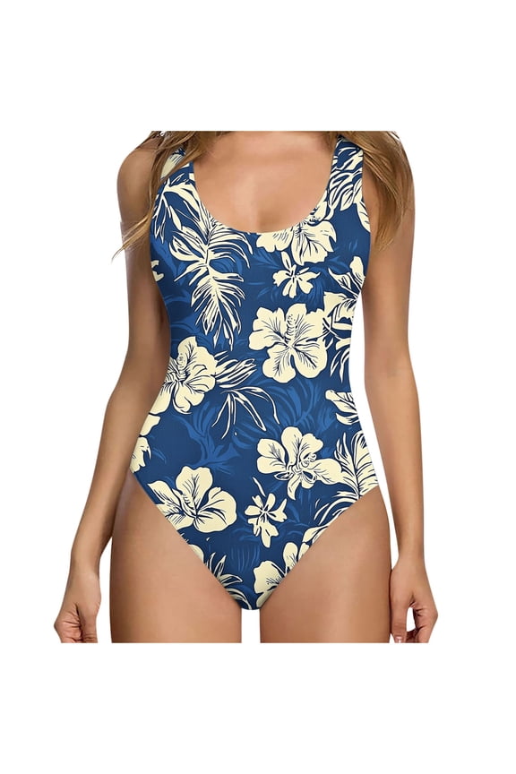 Swimsuit Women One Piece Cute Full Coverage Bathing Suit Flowers Swimwear Backless Vacation Beachwear Blue L