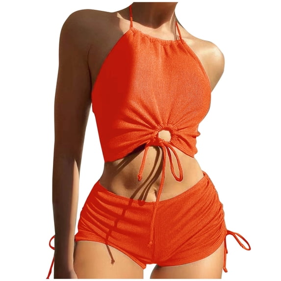 CLOISE Swimsuits for Women 2 Piece Bikini Swimwear with Shorts Full Coverage Halter Neck Bow with Adjustable Straps Solid Bathing Suit Backless Beachwear