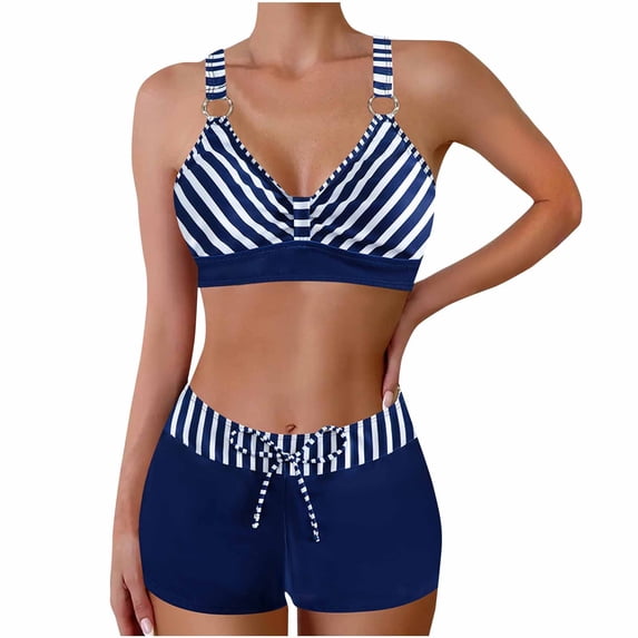 CLOISE Swimsuits for Women Bikini Plus Size 2 Piece with Boy Shorts High Waisted Full Coverage Swimwear Striped Drawstring Bow Vacation Beachwear