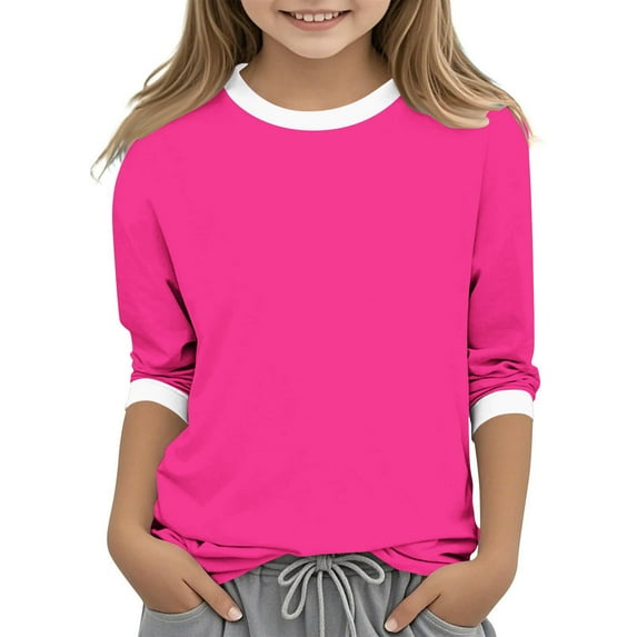 CLOISE T Shirts for Kids Girls Boys 3/4 Sleeve Tops Crewneck Casual Pullover Solid Color Summer Blouses Hot Pink 7T