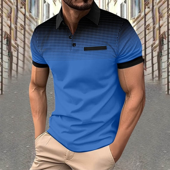CLOISE T Shirts for Men Short Sleeve Big and Tall Tops Button Collared Casual Pullover Gradient Summer Blouses Blue