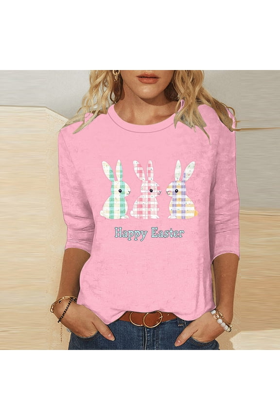 T Shirts for Women 3/4 Sleeve Easter Plus Size Tops Crewneck Holiday Pullover Bunny Loose Holiday Blouses Pink