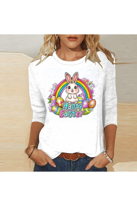 T Shirts for Women 3/4 Sleeve Easter Plus Size Tops Crewneck Holiday Pullover Bunny Loose Holiday Blouses White