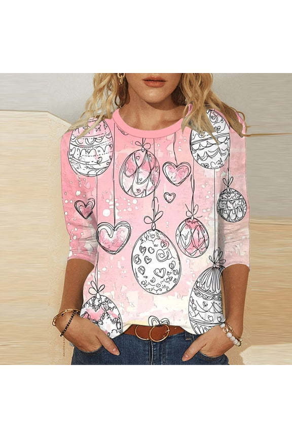 T Shirts for Women 3/4 Sleeve Easter Plus Size Tops Crewneck Holiday Pullover Easter Eggs Loose Holiday Blouses Pink