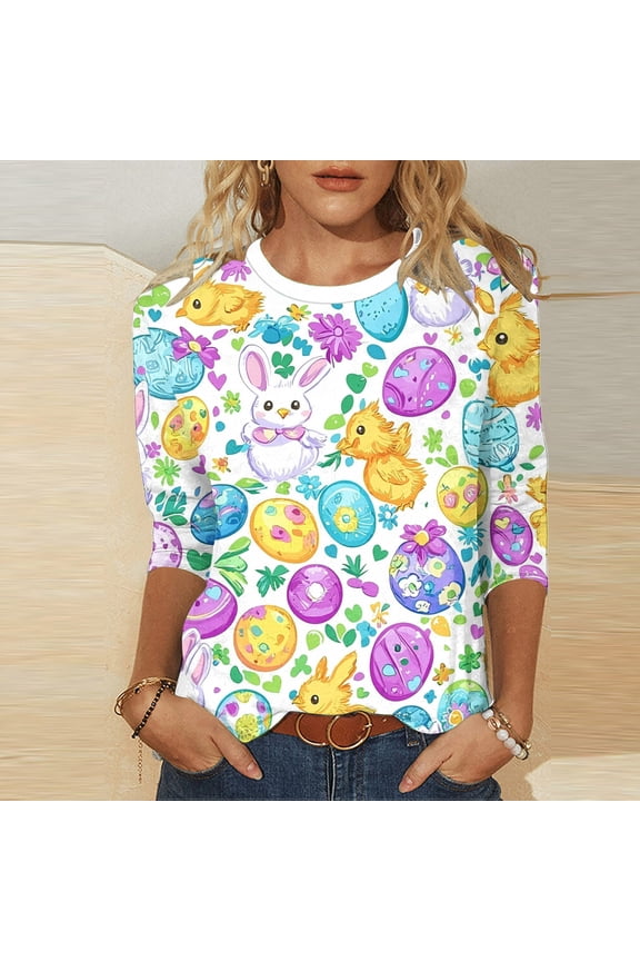T Shirts for Women 3/4 Sleeve Easter Plus Size Tops Crewneck Holiday Pullover Easter Eggs Loose Holiday Blouses Purple