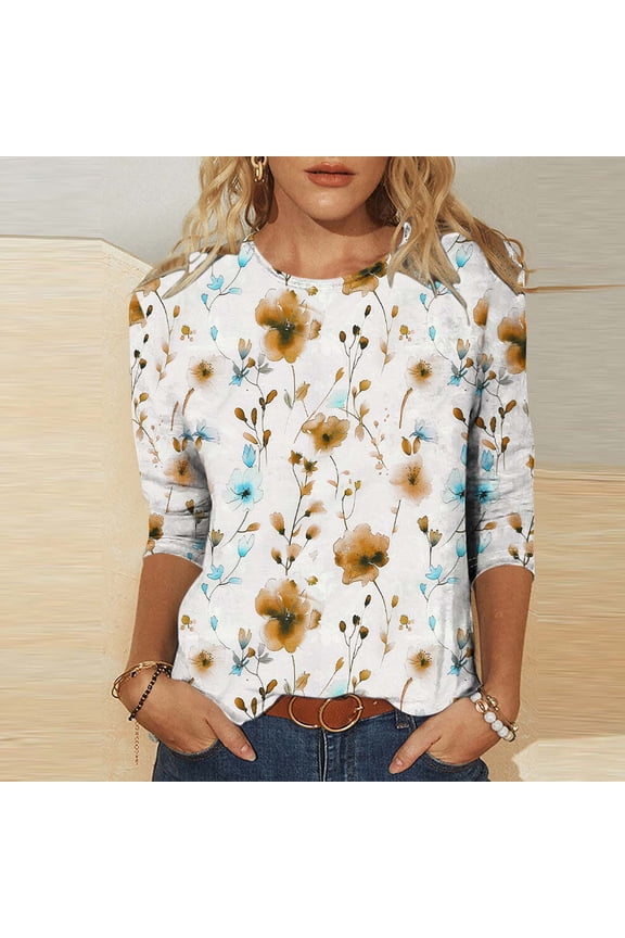 T Shirts for Women 3/4 Sleeve Plus Size Tops Crewneck Casual Pullover Print Loose Summer Blouses Coffee S