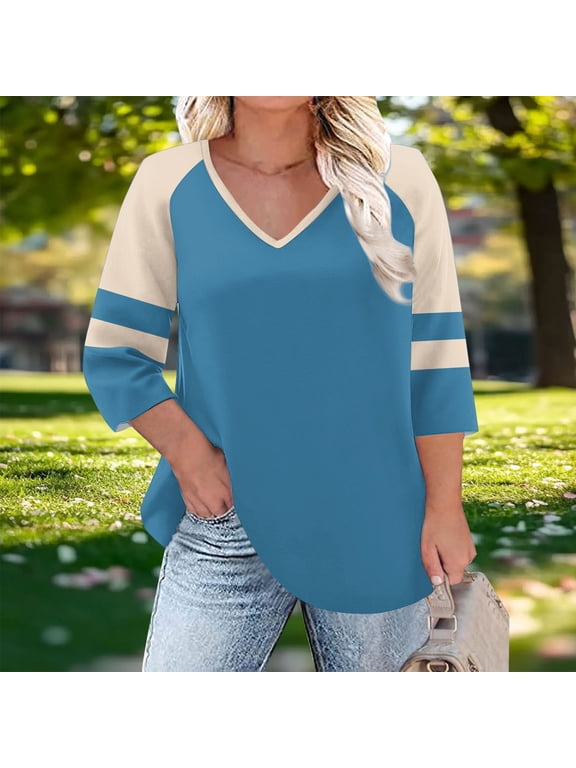 T Shirts for Women 3/4 Sleeve Plus Size Tops Tunic V Neck Casual Pullover Color Block Loose Summer Blouses Sky Blue
