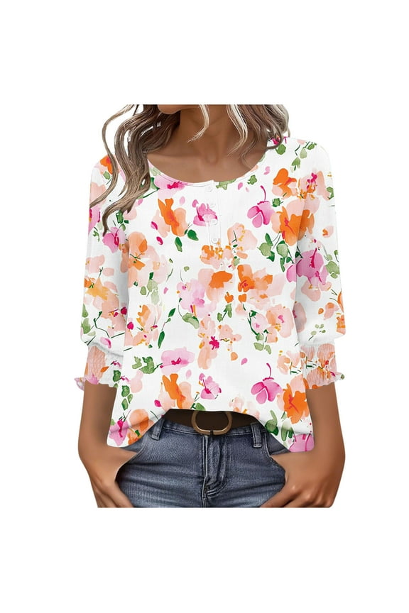 T Shirts for Women Crew Neck Tops Button Graphic Long Sleeve Pullover Cute Vacation Clothes Pink L