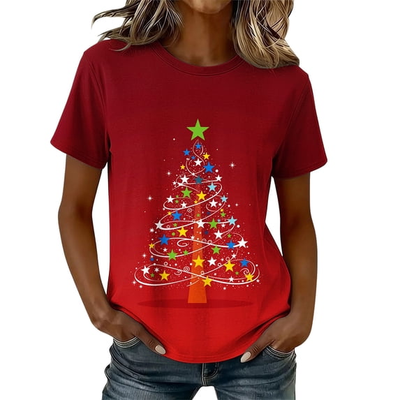 CLOISE T Shirts for Women Graphic Plus Size Christmas Tree Crew Neck Pullover Short Sleeve Tee Tops Slim Cozy Holiday Travel Outfits 4XL