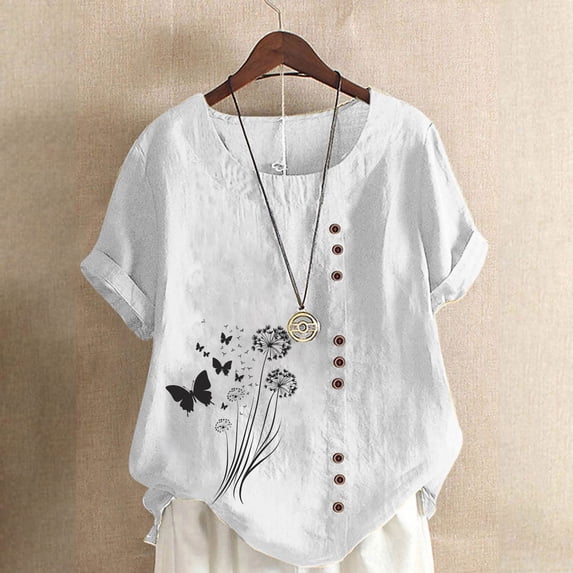 CLOISE T Shirts for Women Short Sleeve Plus Size Tops Button Round Neck Casual Pullover Graphic Summer Blouses White